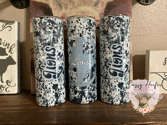 Union Grove Lions paint splatter tumbler