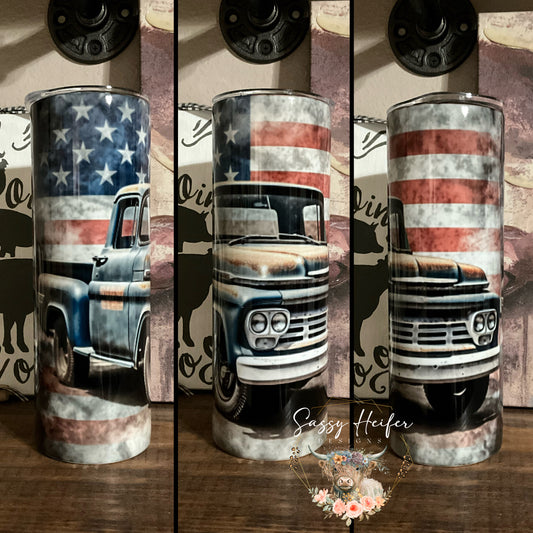 Old truck with flag tumbler