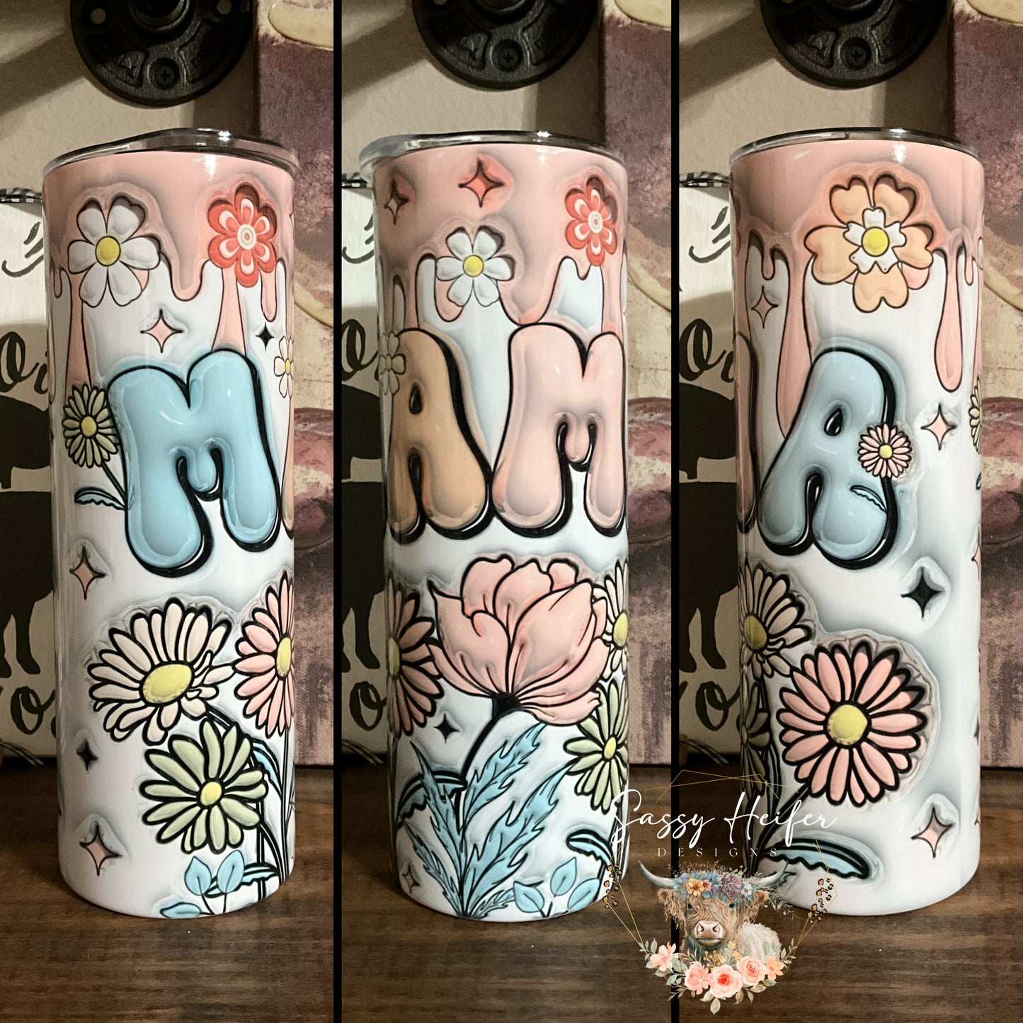 3D Mama flowers puff tumbler