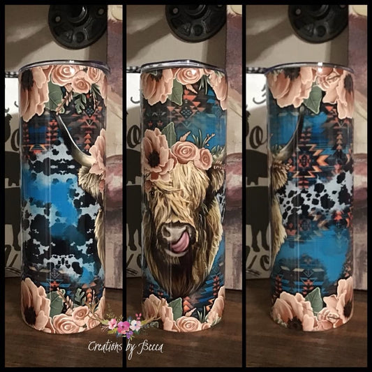 Highland cow with roses tumbler