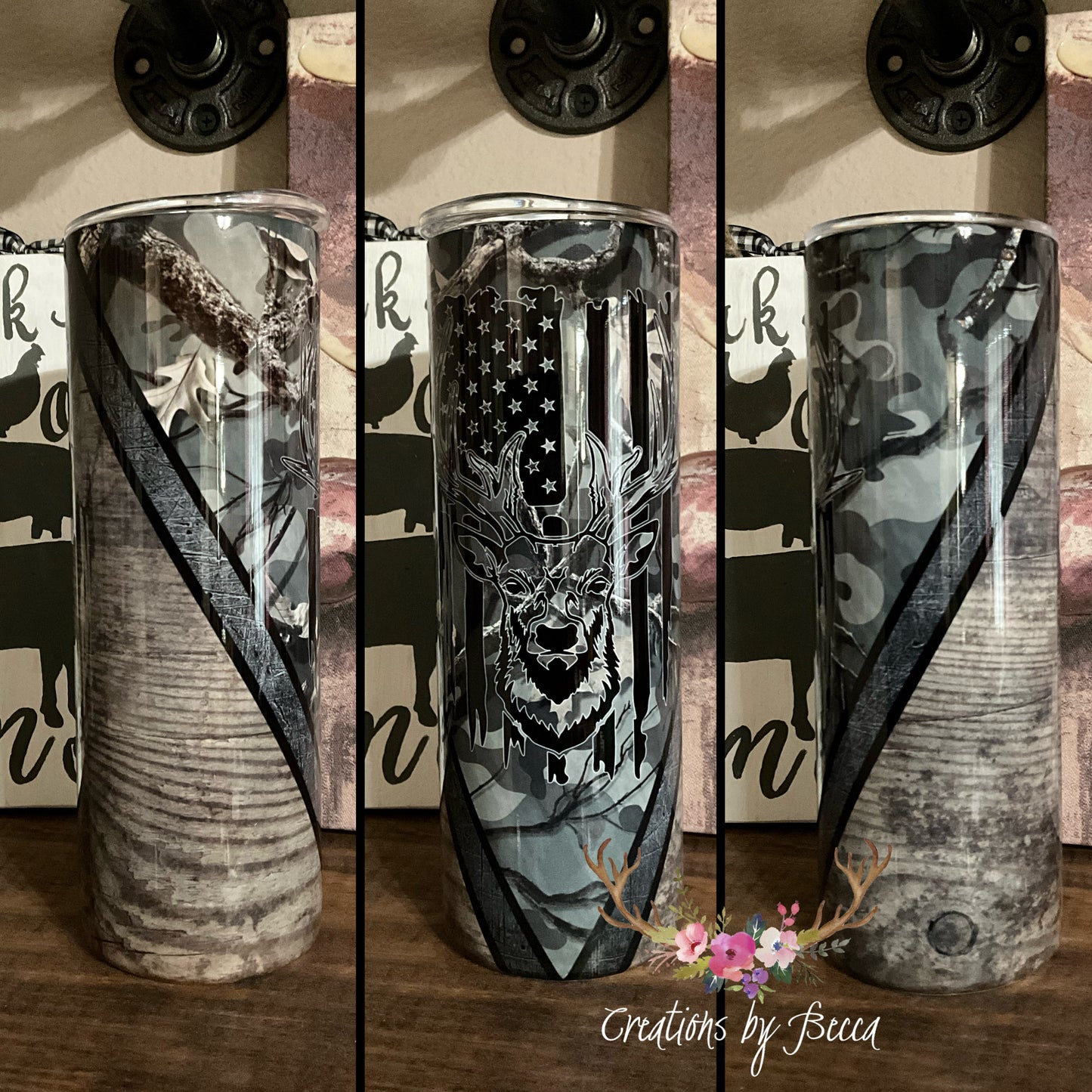 Camo deer with wood grain tumbler