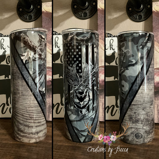 Camo deer with wood grain tumbler