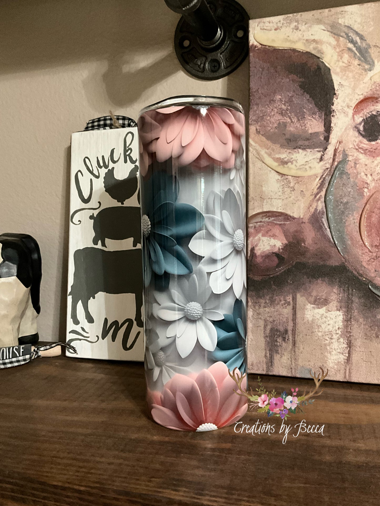 3D pink and teal flowers tumbler