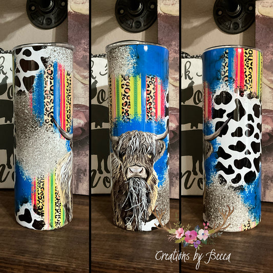 Fluorescent serape highland cow tumbler