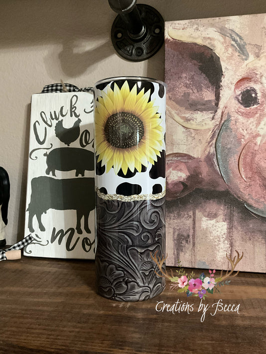 Sunflower cow print leather tumbler