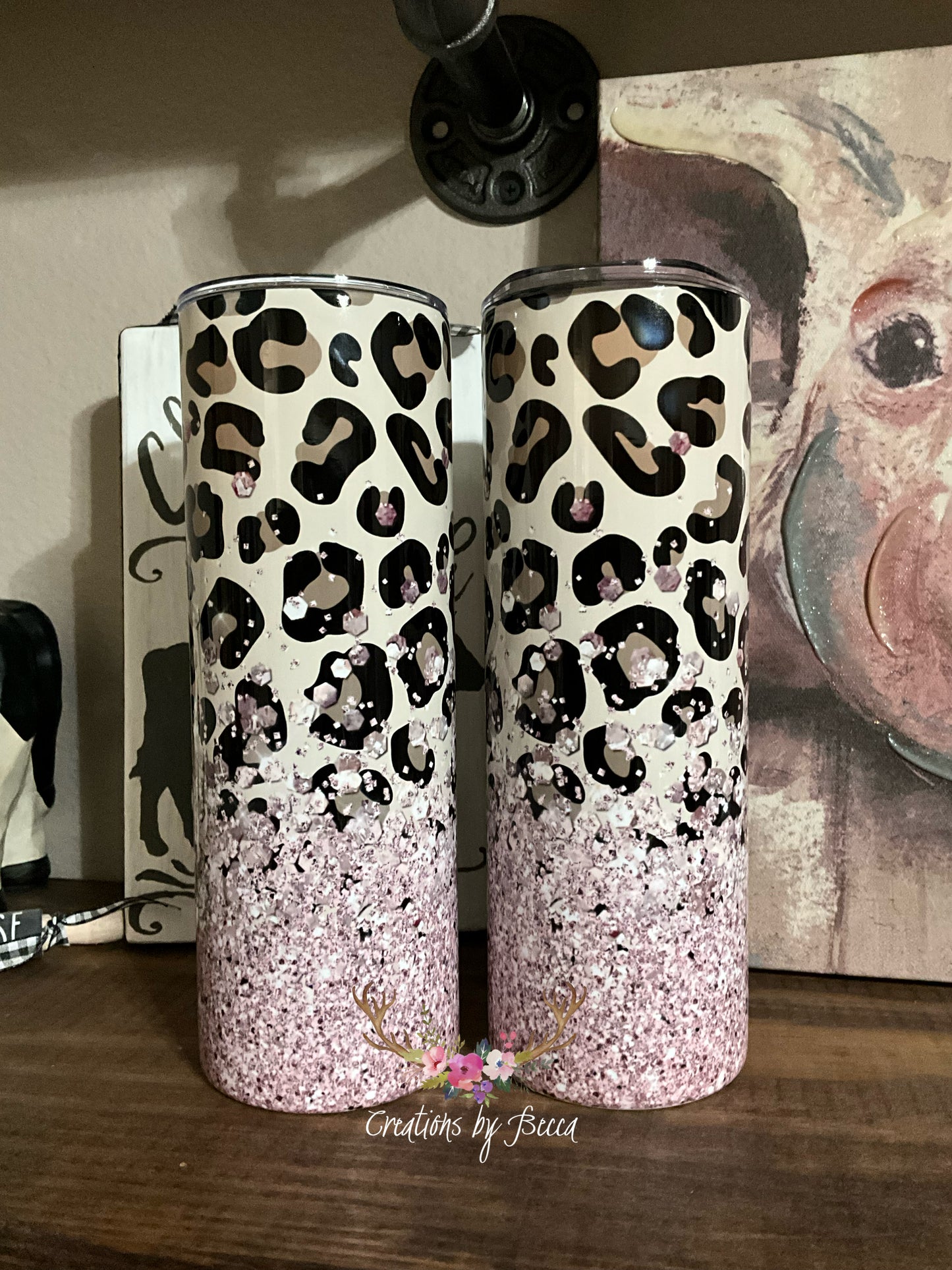 Pink glitter leopard print tumbler