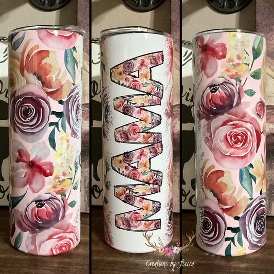 Pink floral mama tumbler