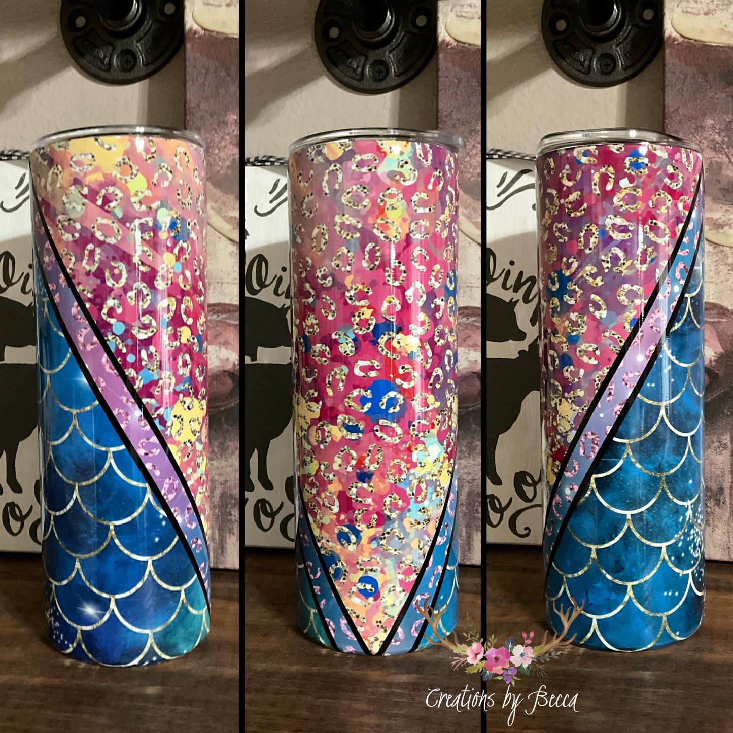 Mermaid scales and leopard print tumbler