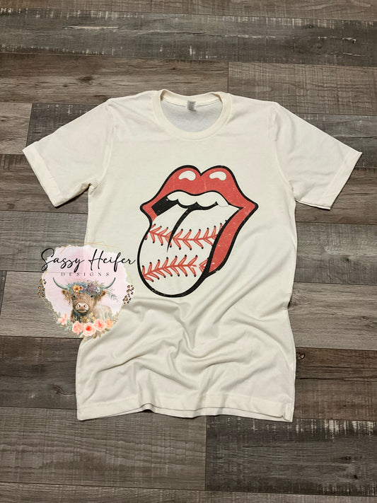 Lips with baseball laces tongue